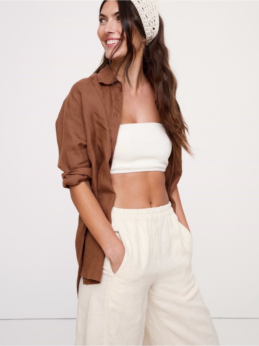NWT Banana Republic Mid Rise Relaxed Painter Pull On Linen Cream Pant Sz M - Picture 3 of 7
